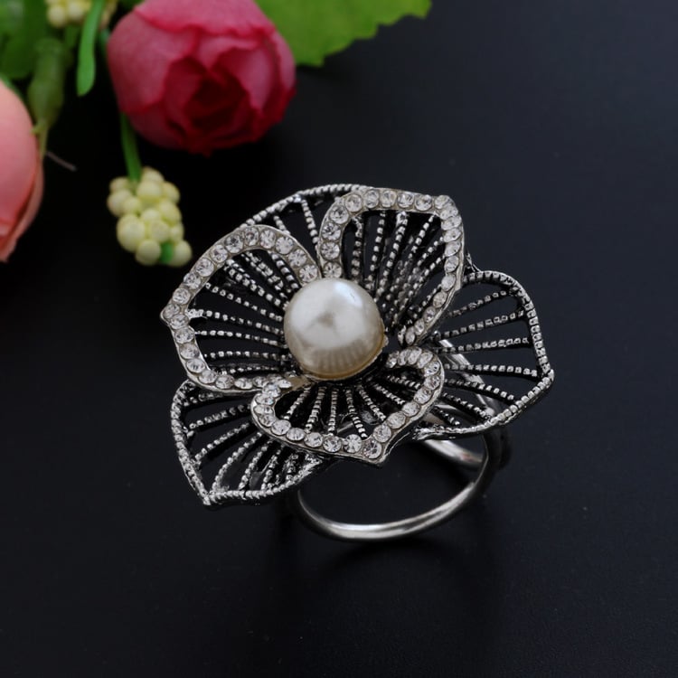 Broșă cu flori, strasuri și perle artificiale pentru eșarfă, din aliaj, placare electrolitică, mozaic de diamant