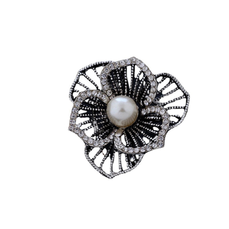 Broșă cu flori, strasuri și perle artificiale pentru eșarfă, din aliaj, placare electrolitică, mozaic de diamant