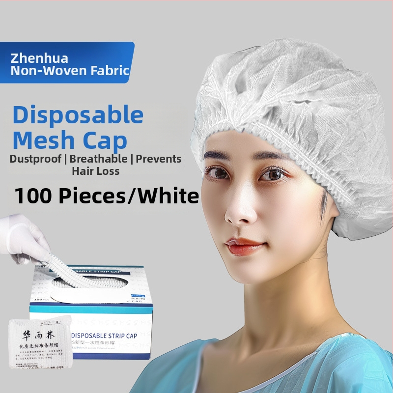 Vienkartinė neaustinės medžiagos kepurė su plaukų tinklu, dulkių apsauga, kvėpuojanti, tinkama gamyklai ir laboratorijai