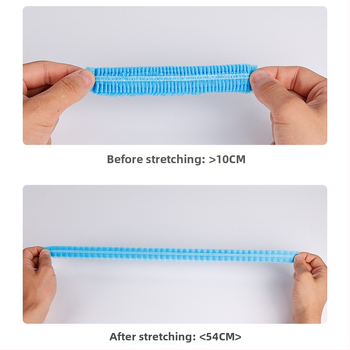 Vienkartinė nedidelė skrybelė iš neaustu audinio apsaugai nuo dulkių ir plaukų, su kvėpuojančiomis skylutėmis, tinkama maisto cechui, pritaikoma, 100 vnt. pakuotėje