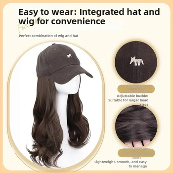 Viskas viename parūka kepurė moterims — Little Fox beisbolo kepurė su plaukais, vidutinio ilgio, ilgos garbanos su kirpčiukais, aukštos temperatūros viela, paprastas stilius, pilna galvos apdangalas, netinka karštam dažymui