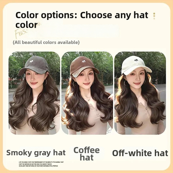 Viskas viename parūka kepurė moterims — Little Fox beisbolo kepurė su plaukais, vidutinio ilgio, ilgos garbanos su kirpčiukais, aukštos temperatūros viela, paprastas stilius, pilna galvos apdangalas, netinka karštam dažymui