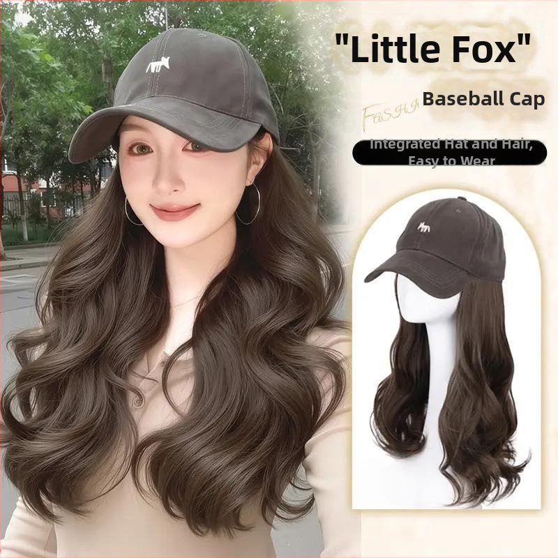 Viskas viename parūka kepurė moterims — Little Fox beisbolo kepurė su plaukais, vidutinio ilgio, ilgos garbanos su kirpčiukais, aukštos temperatūros viela, paprastas stilius, pilna galvos apdangalas, netinka karštam dažymui