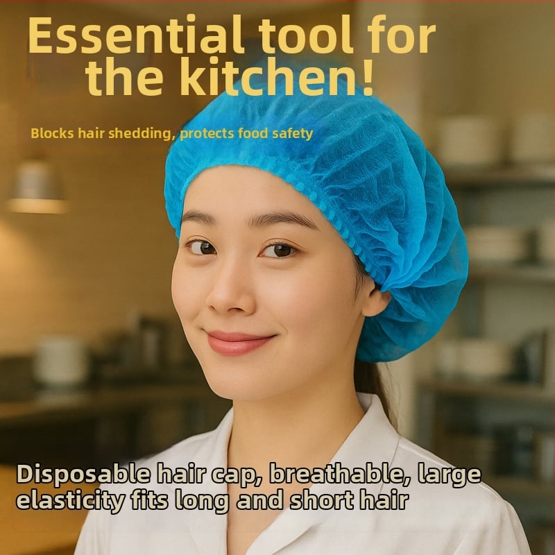 Vienkartinė plaukų skrybelė iš neaudinio pluošto, Bar cap modelis, vėdinama, maisto pramonei