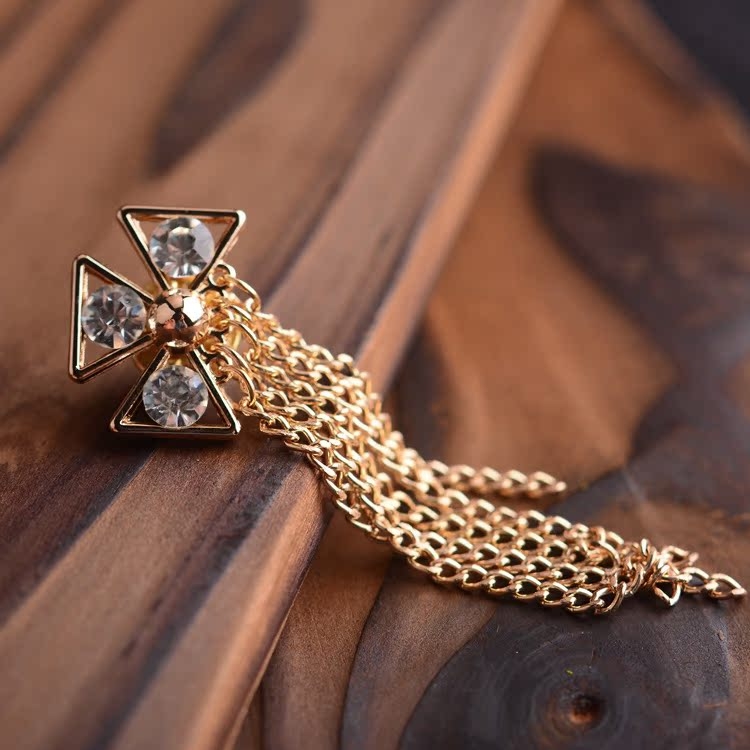 Broșă cu lanț cu ciucuri, stil coreean, aliaj, zirconiu, finis diamant, Sirius