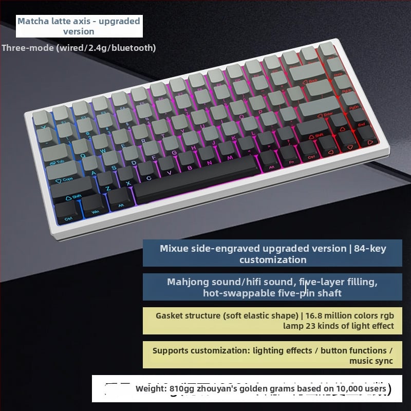 G84 μηχανικό πληκτρολόγιο – 84 πλήκτρα, ασύρματη σύνδεση, διακόπτης Matcha Latte, RGB φωτισμός
