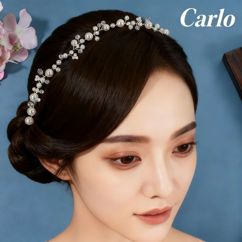 Bandă pentru păr în stil coreean, cu perle și cristale - design în val