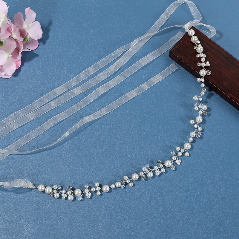 Bandă pentru păr în stil coreean, cu perle și cristale - design în val