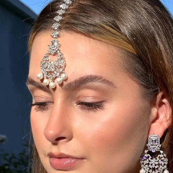 Lanț pentru cap cu perle, bijuterii boeme de nuntă indiană cu cristale, placare electroplatinată, vara 2024, ambalaj individual