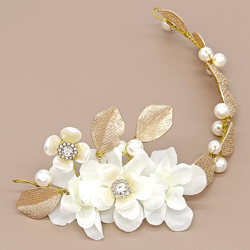 Κεφαλόδεσμος για γάμο με λουλούδι από ύφασμα και λεπτές λεπτομέρειες φύλλων, κράμα υλικό, γυναικείου στυλ, αυτοτελής συσκευασία, διαθεσιμότητα παραμετροποίησης