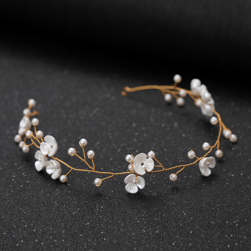 Bandă pentru păr cu floare de perlă și lanț moale, lucrată manual, accesoriu de păr pentru mireasă