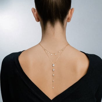 Kaklo grandinėlė su daugiasluoksniu cirkoniu ir nugaros grandine, lašinio formos geometrinis pakabukas, varinis elektrolytinis danga