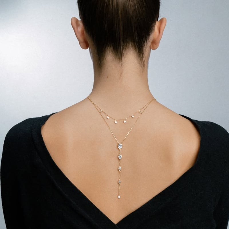 Kaklo grandinėlė su daugiasluoksniu cirkoniu ir nugaros grandine, lašinio formos geometrinis pakabukas, varinis elektrolytinis danga