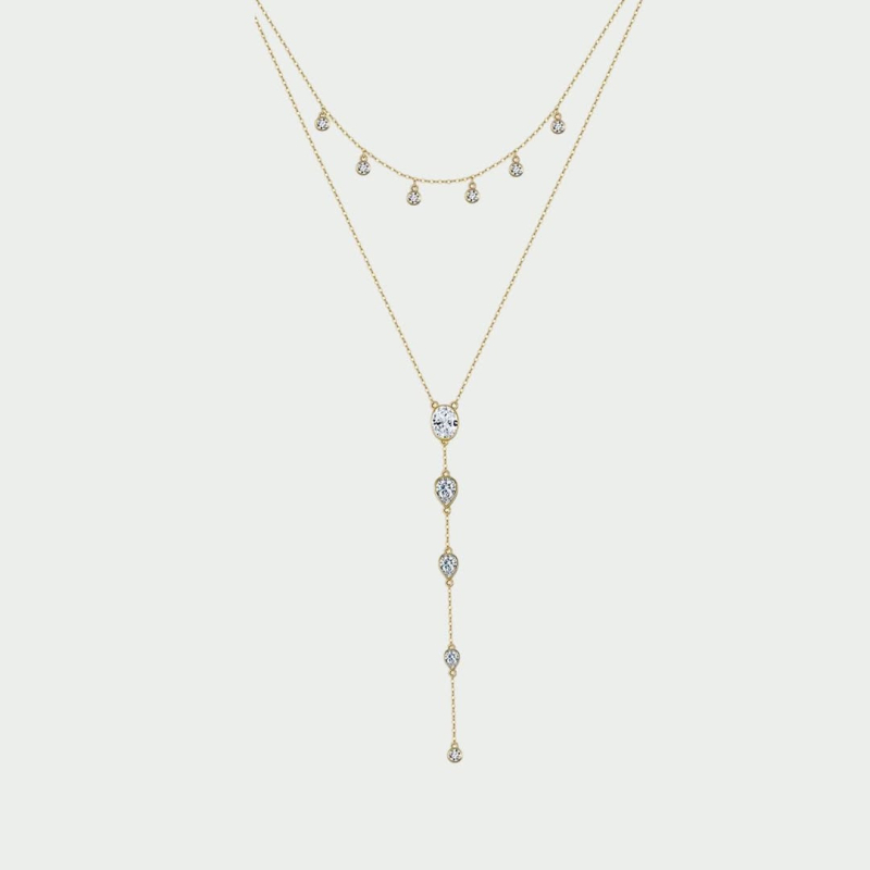 Kaklo grandinėlė su daugiasluoksniu cirkoniu ir nugaros grandine, lašinio formos geometrinis pakabukas, varinis elektrolytinis danga