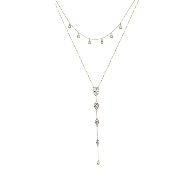 Kaklo grandinėlė su daugiasluoksniu cirkoniu ir nugaros grandine, lašinio formos geometrinis pakabukas, varinis elektrolytinis danga