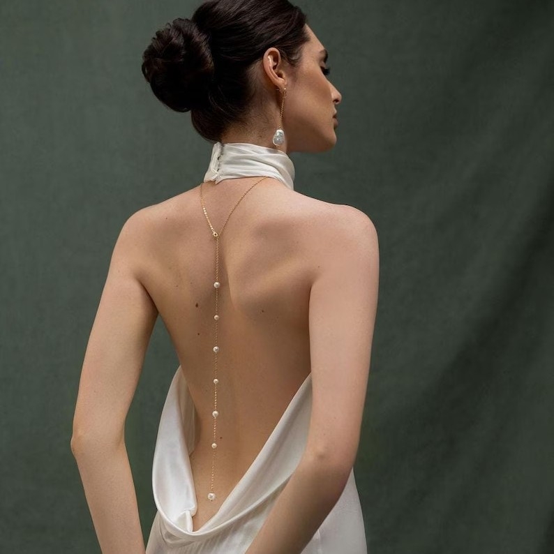 Nugaros grandinėlė su perlų pakabuku, Europos ir Amerikos stilius, 925 sidabras, kristalas