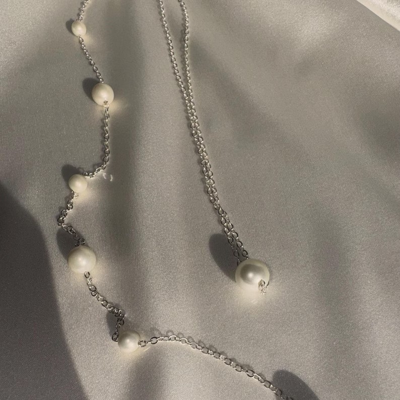 Nugaros grandinėlė su perlų pakabuku, Europos ir Amerikos stilius, 925 sidabras, kristalas