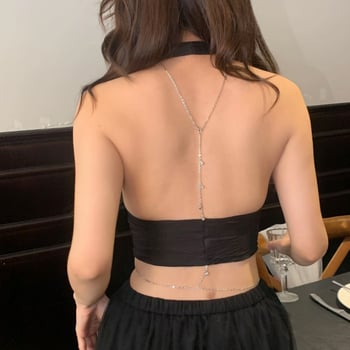 Lanț de corp pentru femei – lanț dorsal din aliaj, cu inserții placate cu aur și cristale, formă geometrică