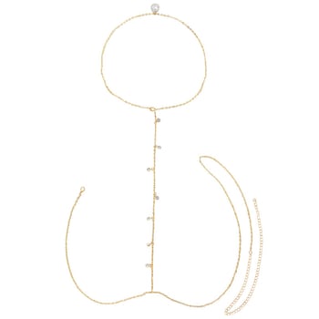 Lanț de corp pentru femei – lanț dorsal din aliaj, cu inserții placate cu aur și cristale, formă geometrică