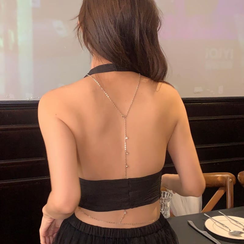 Lanț de corp pentru femei – lanț dorsal din aliaj, cu inserții placate cu aur și cristale, formă geometrică