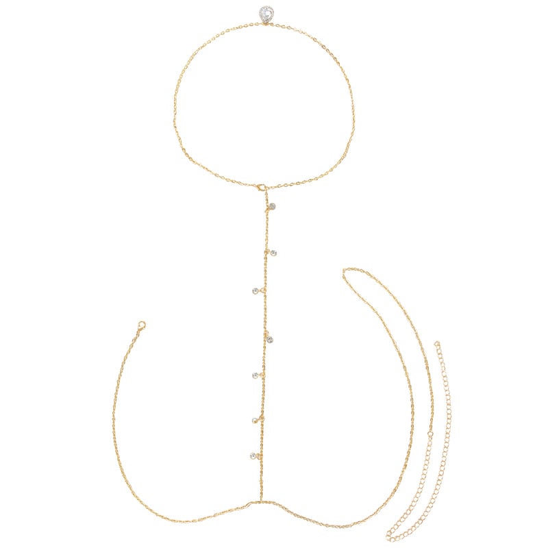 Lanț de corp pentru femei – lanț dorsal din aliaj, cu inserții placate cu aur și cristale, formă geometrică