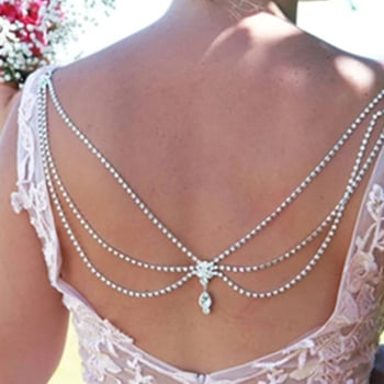 Back chain za svadbenu odjeću, višeslojna ramena lanac, kristalni kamenčići, elektroplata, geometrijski dizajn