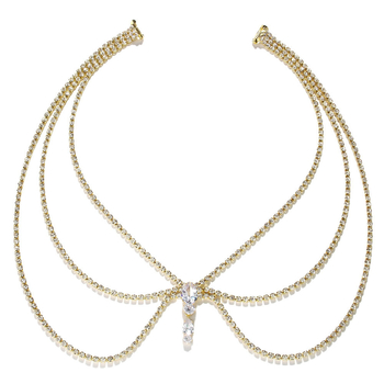 Back chain za svadbenu odjeću, višeslojna ramena lanac, kristalni kamenčići, elektroplata, geometrijski dizajn