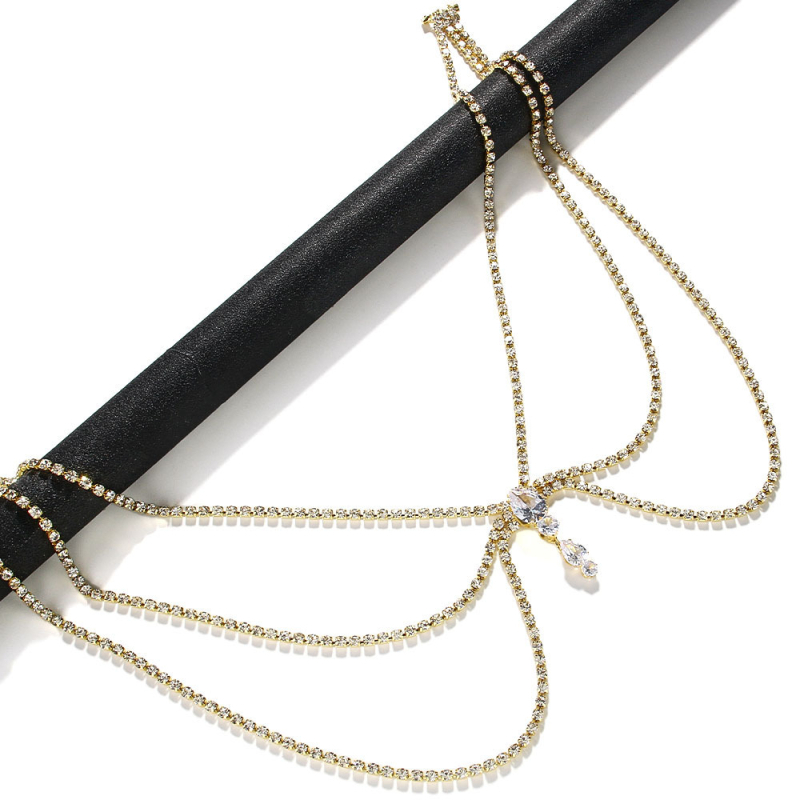 Back chain za svadbenu odjeću, višeslojna ramena lanac, kristalni kamenčići, elektroplata, geometrijski dizajn