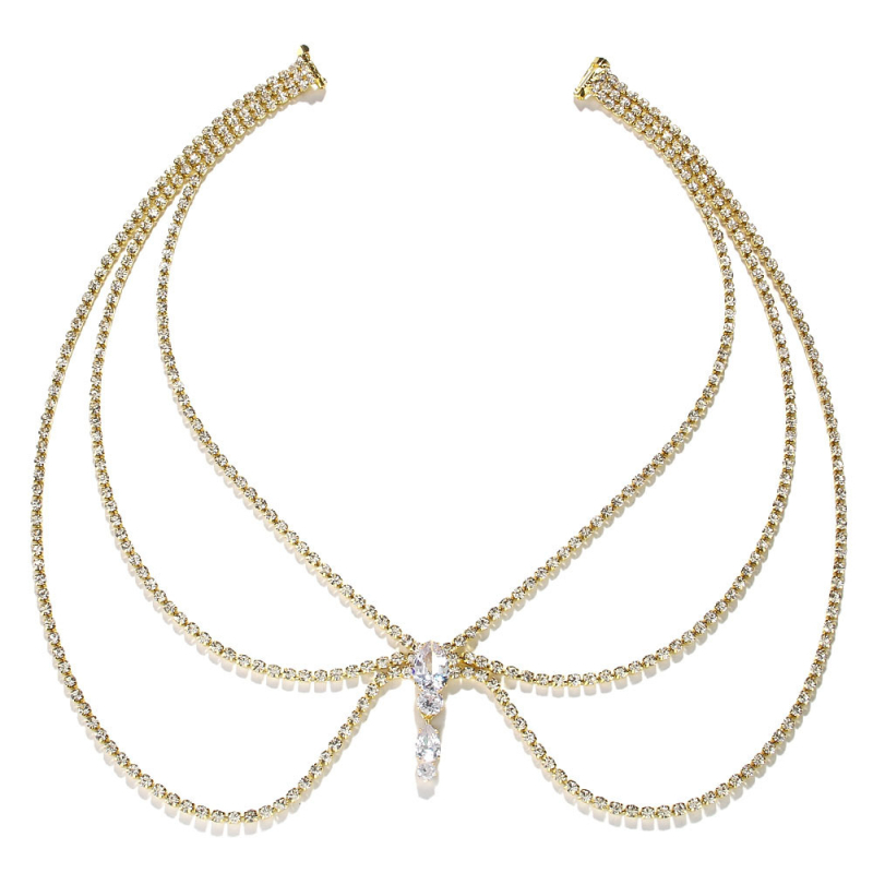 Back chain za svadbenu odjeću, višeslojna ramena lanac, kristalni kamenčići, elektroplata, geometrijski dizajn