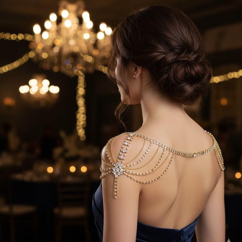 Rameni lanac s višeslojnim resama, kristalima, geometrijski dizajn, elektroplatinirana legura