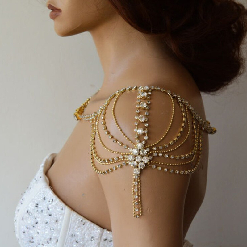 Rameni lanac s višeslojnim resama, kristalima, geometrijski dizajn, elektroplatinirana legura