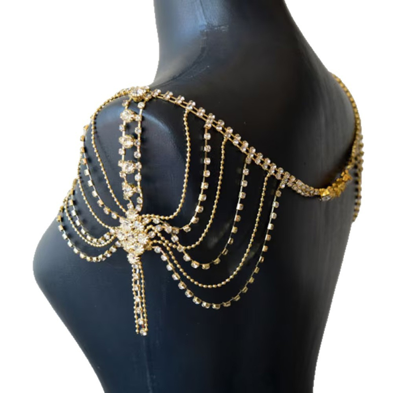 Rameni lanac s višeslojnim resama, kristalima, geometrijski dizajn, elektroplatinirana legura