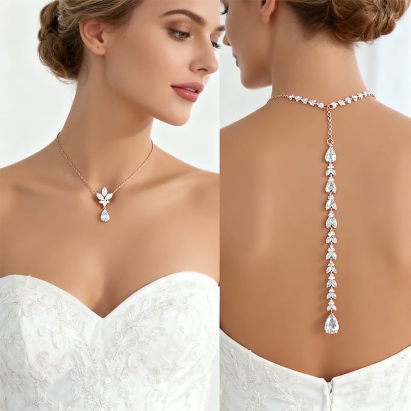 Back Chain Body Jewelry s rhinestones, cvjetni dizajn, bijela kristalna ugradnja, elektroplatinirani spoj