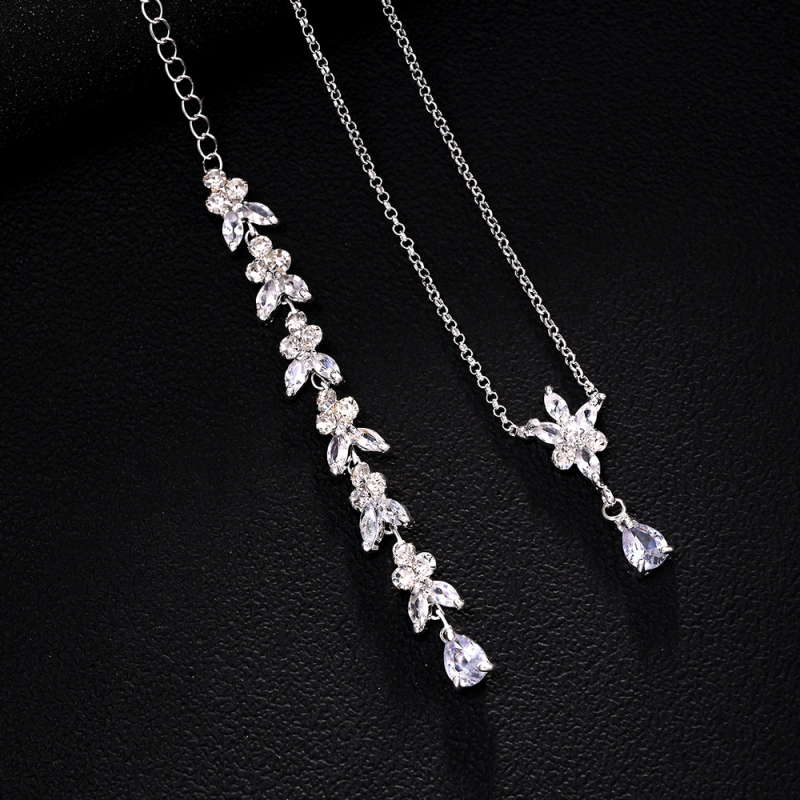 Back Chain Body Jewelry s rhinestones, cvjetni dizajn, bijela kristalna ugradnja, elektroplatinirani spoj