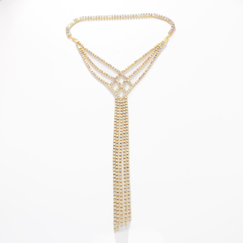 Lanac za telo s dugim resicama i kristalima — geometrijski dizajn, bakreno elektropliranje, umetnuti kamenovi od legure