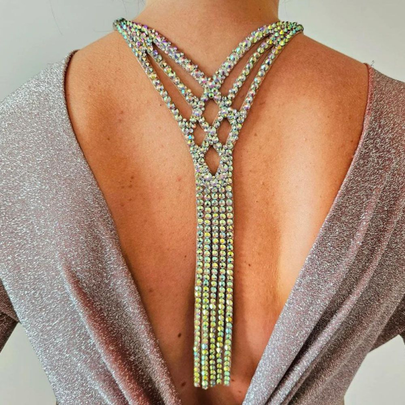 Lanac za telo s dugim resicama i kristalima — geometrijski dizajn, bakreno elektropliranje, umetnuti kamenovi od legure