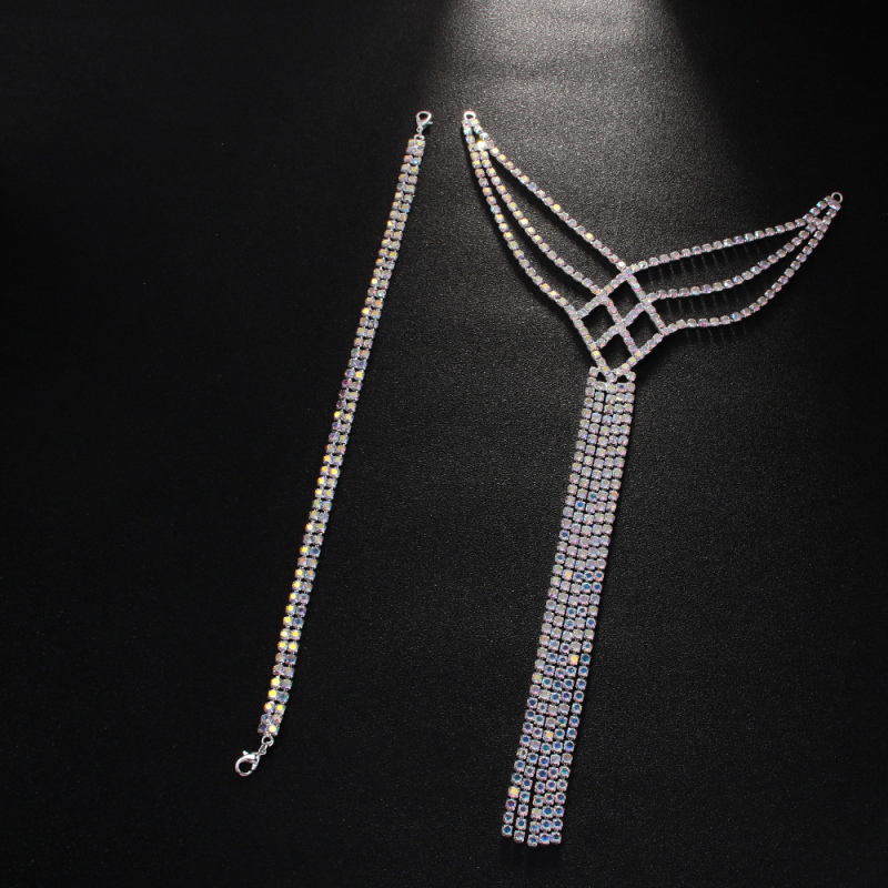 Lanac za telo s dugim resicama i kristalima — geometrijski dizajn, bakreno elektropliranje, umetnuti kamenovi od legure