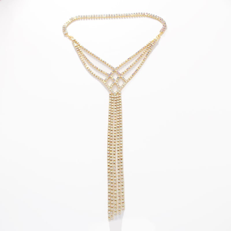 Lanac za telo s dugim resicama i kristalima — geometrijski dizajn, bakreno elektropliranje, umetnuti kamenovi od legure