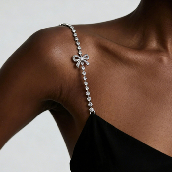 Rameni lanac s mašnicom u obliku leptira, legura, umetnuti sintetski dragi kamenje, kristali, elektroplatina završna obrada