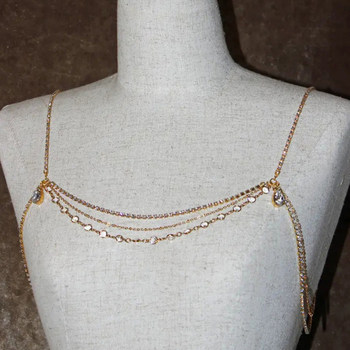 Ženski body chain, geometrijski višeslojni dizajn, legura s umjetnim dragim kamenom i bijelim kristalima, elektroplatirano