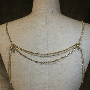 Ženski body chain, geometrijski višeslojni dizajn, legura s umjetnim dragim kamenom i bijelim kristalima, elektroplatirano