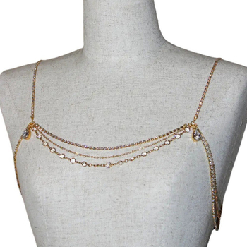 Ženski body chain, geometrijski višeslojni dizajn, legura s umjetnim dragim kamenom i bijelim kristalima, elektroplatirano