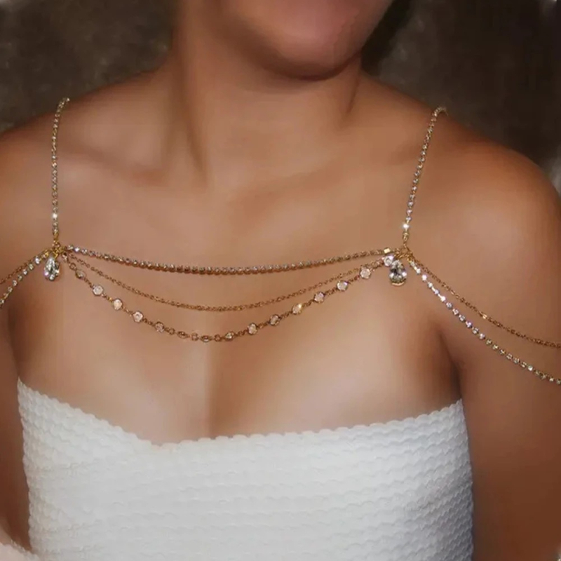 Ženski body chain, geometrijski višeslojni dizajn, legura s umjetnim dragim kamenom i bijelim kristalima, elektroplatirano