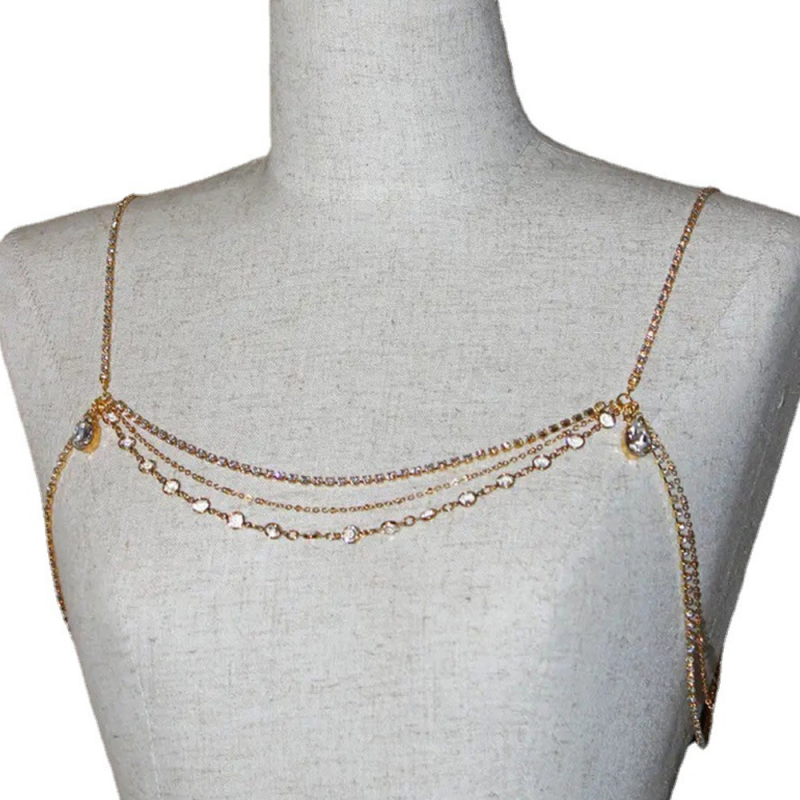 Ženski body chain, geometrijski višeslojni dizajn, legura s umjetnim dragim kamenom i bijelim kristalima, elektroplatirano