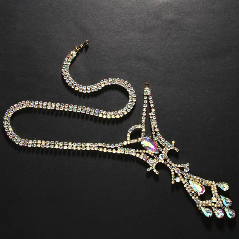 Testi lánc csepp alakú kristályokkal, bohémi stílus, elektroplatinált felület