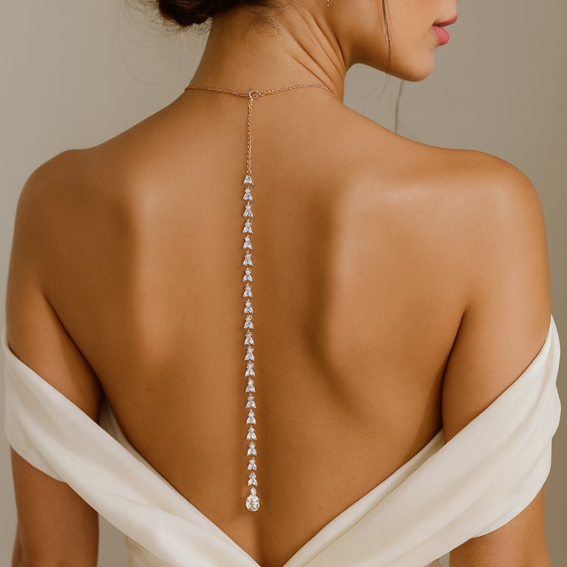 Testlánc hosszú bojtos cirkóval, hátsó lánccal, vízcsepp gyöngy medállal, ötvözet