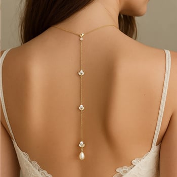 Hátsó láncos nyaklánc készlet, gyöngy és cirkón, geometriai forma, elektroplakolás