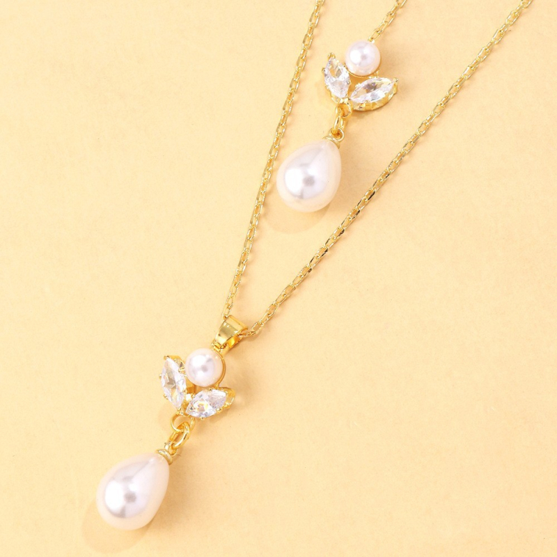 Hátsó láncos nyaklánc készlet, gyöngy és cirkón, geometriai forma, elektroplakolás