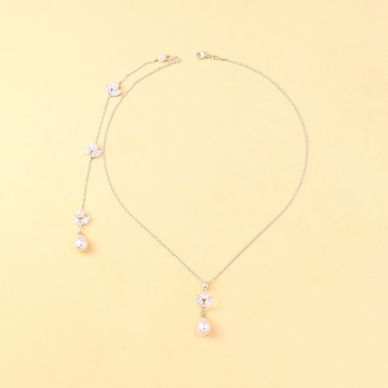 Hátsó láncos nyaklánc készlet, gyöngy és cirkón, geometriai forma, elektroplakolás