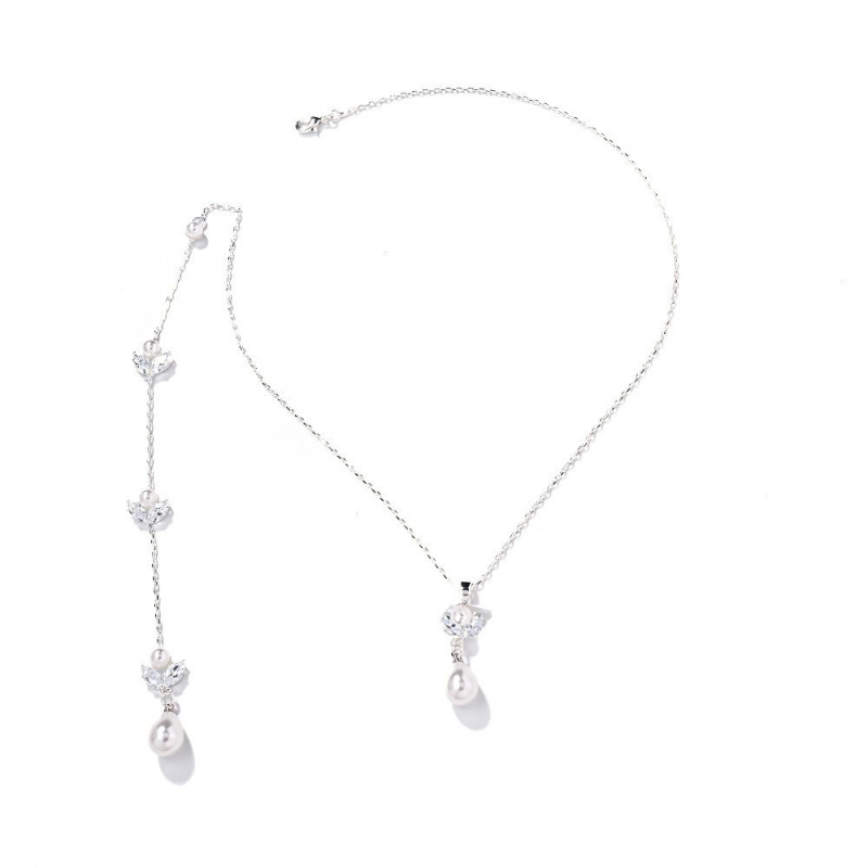 Hátsó láncos nyaklánc készlet, gyöngy és cirkón, geometriai forma, elektroplakolás